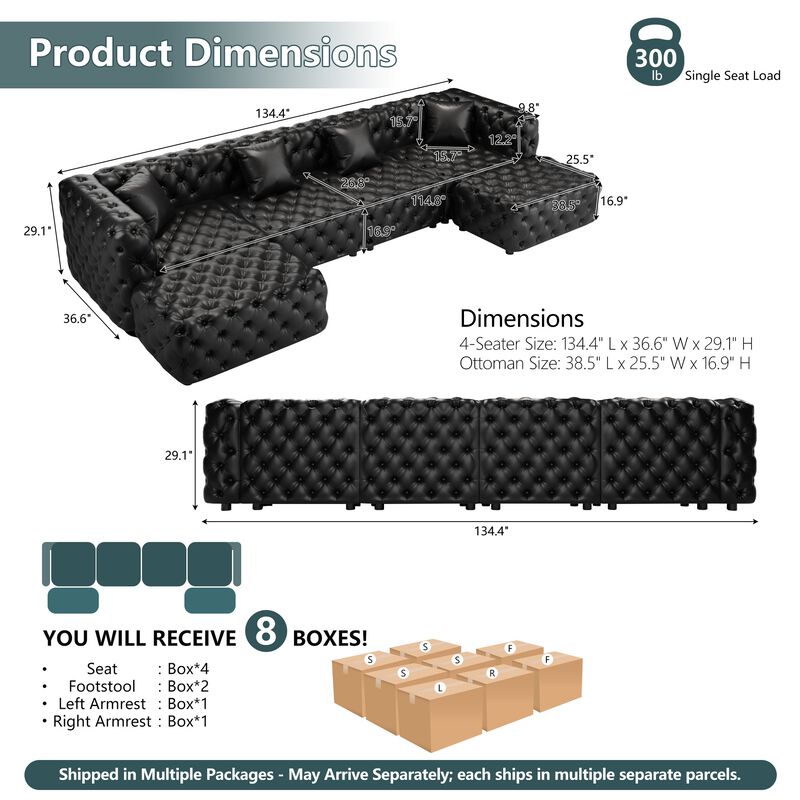 Whisen 4-Seat Modern Modular Sectional with 2 Ottomans, Faux Leather Upholstered, for Living Room image number 9