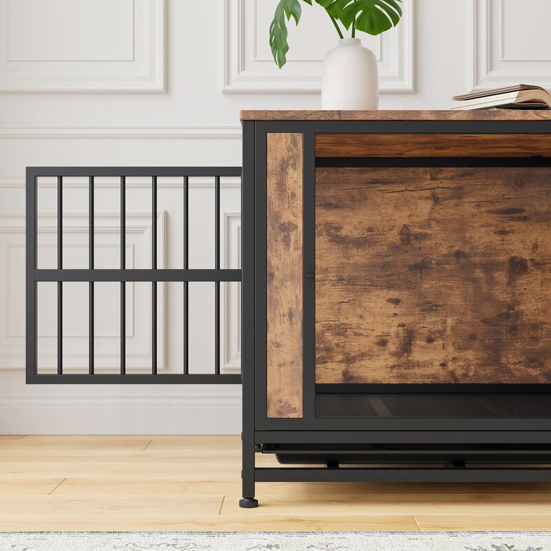 Clihome Wooden Dog Crate Table with 2 Sliding Doors and Thick Iron Door Frame image number 4