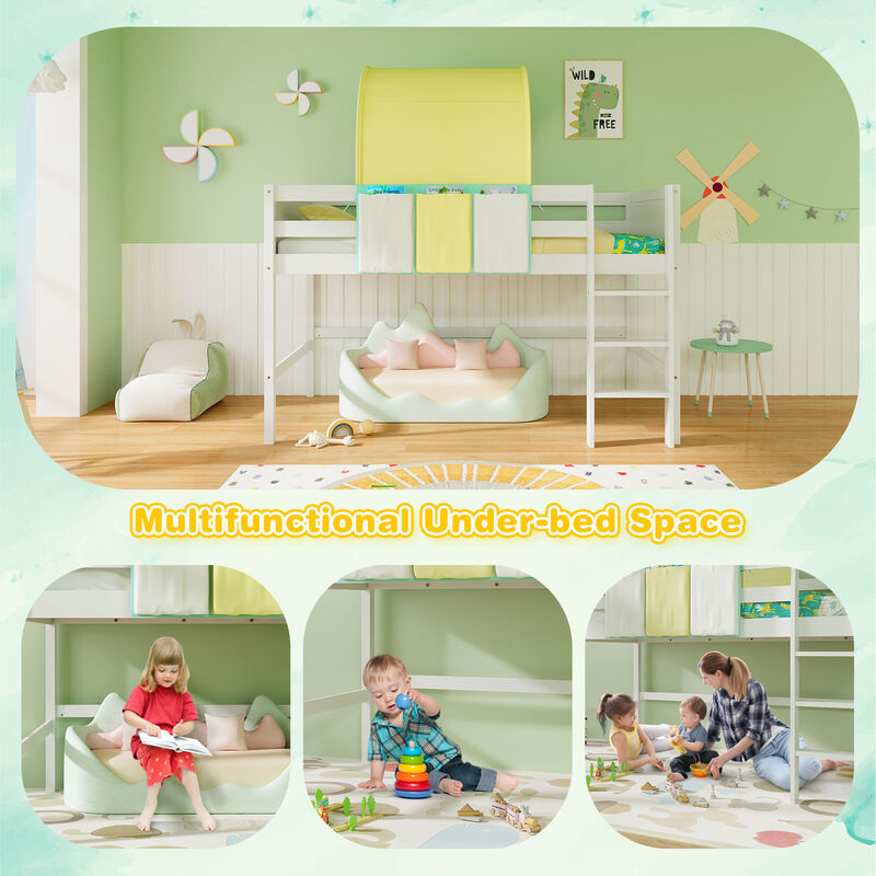Loft Bed Playhouse Bed Frame with Tower Tent and 3 Storage Pockets