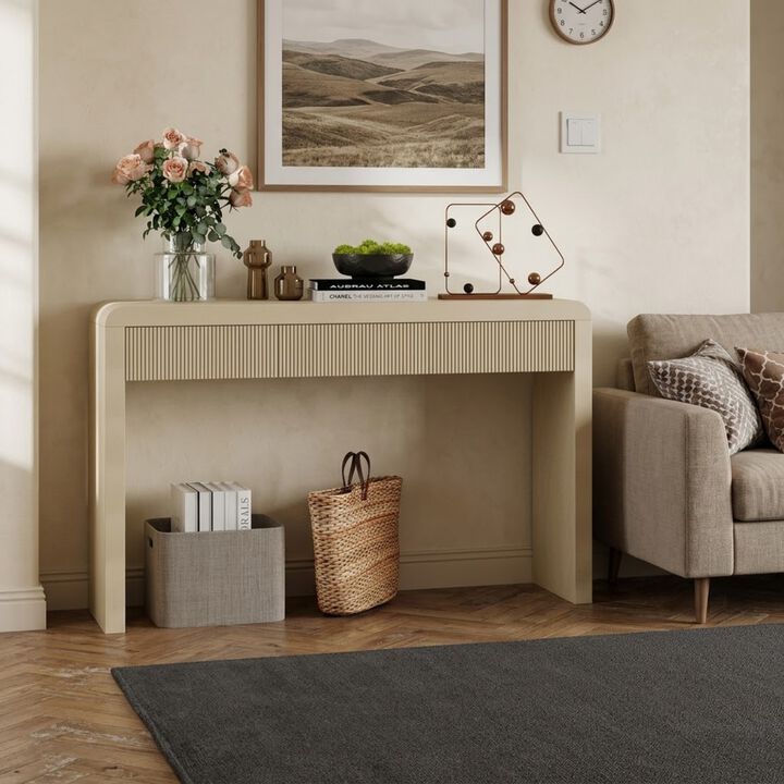 Whisen 55" Rustic Console Table with 3 Fluted Drawers, MDF Solid Wood Veneer, Entryway Table for Living Room Hallway