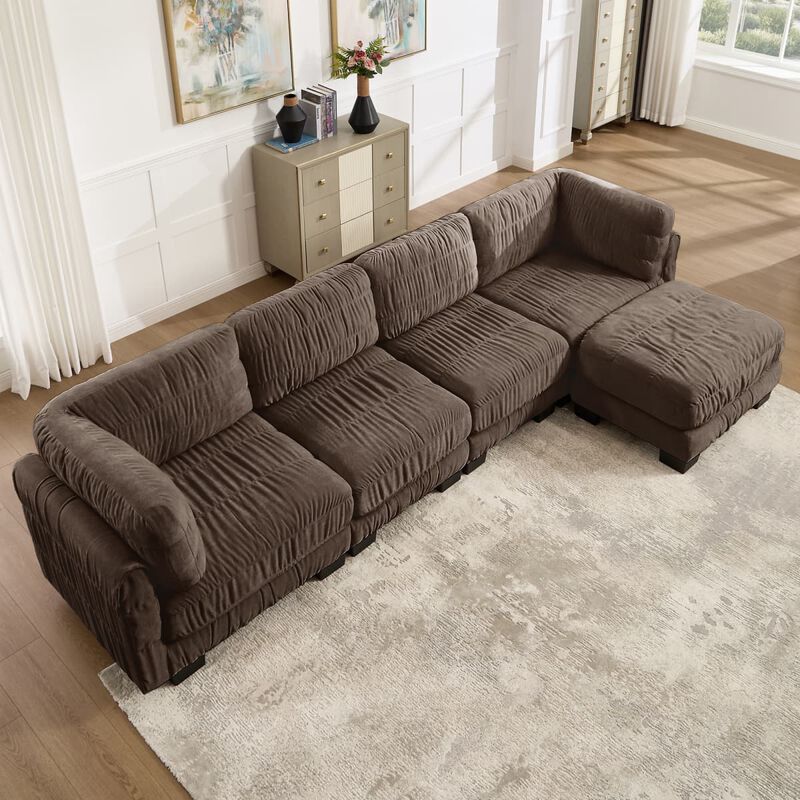 4 seat modular sectional sofa, Chenille L shaped sectional couch with ruched detailing, Modular sectional with movable ottoman image number 4