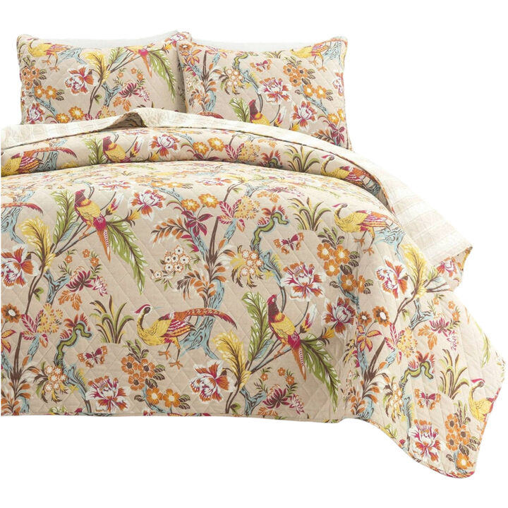 3-Piece Polyester Quilt Set with Peacocks Design for Soft Comfortable Bedding