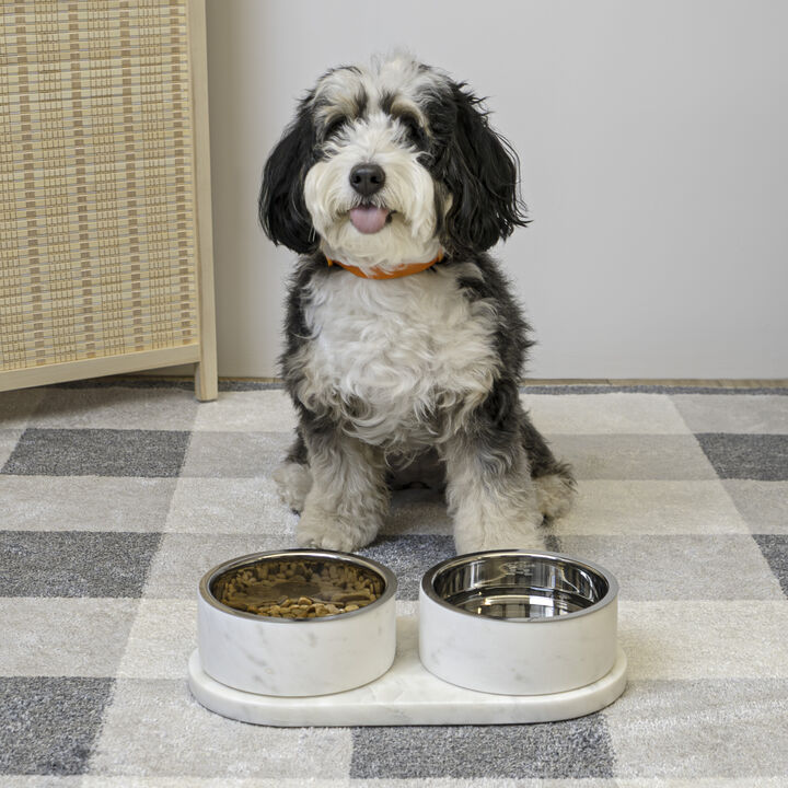Marbre Modern Weighted Double Marble and Stainless Steel Bowl 12oz (1.5 Cups) Feeder with Non-Slip Marble Tray Set