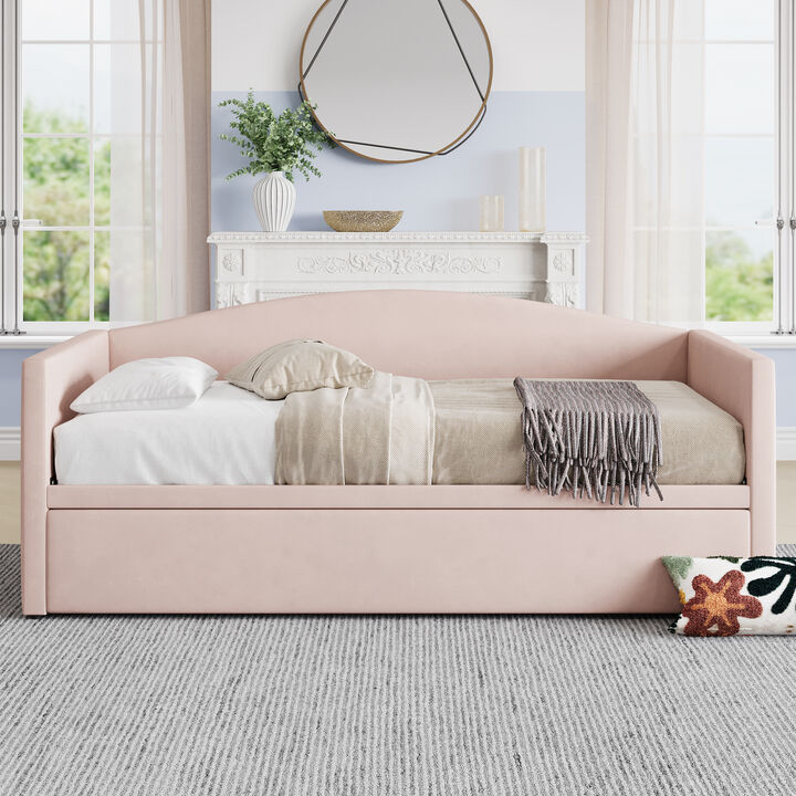 Merax Pop-Up Trundle Daybed with Velvet Upholstery & Padded Armrests