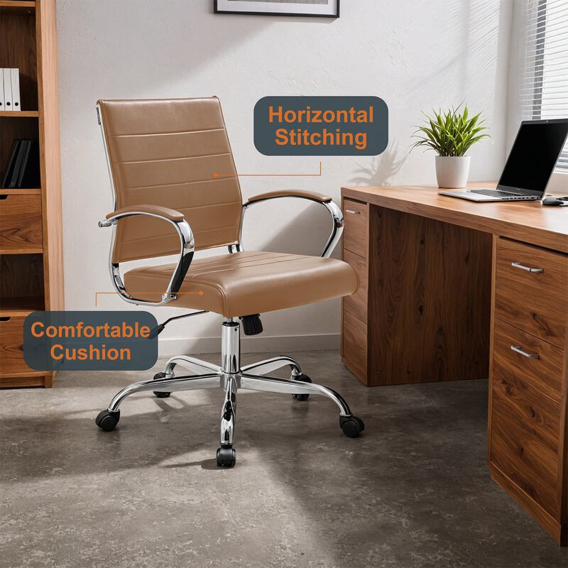 LeisureMod Benmar Mid-Back Office Chair, Leather Upholstery with Swivel, Tilt, and Chrome Base, Modern Desk Seating for Home Office or Conference Room