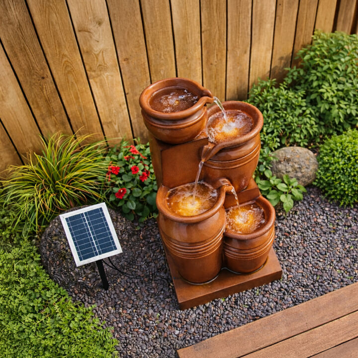 4-Tier Outdoor Solar Water Fountain with LED, Terracotta