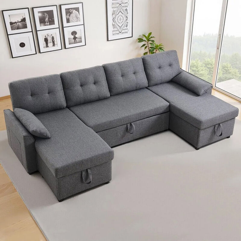 U-Shaped Convertible Sofa Bed with Double Chaise, Storage and Pull-Out Sleeper