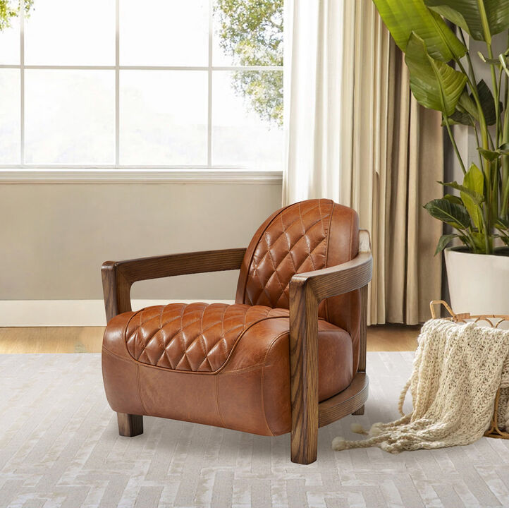 Pasargad Home Ethan Top-Grain Leather Lounge Chair with Solid&nbsp;Wood&nbsp;Armrests