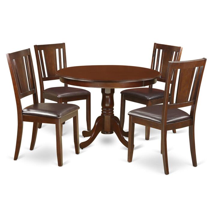 East West Furniture 5  Pc  set  with  a  Round  Dinette  Table  and  4  Leather  Kitchen  Chairs  in  Mahogany