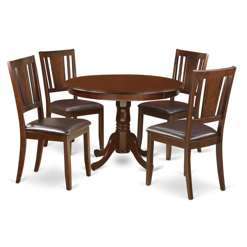 East West Furniture 5  Pc  set  with  a  Round  Dinette  Table  and  4  Leather  Kitchen  Chairs  in  Mahogany