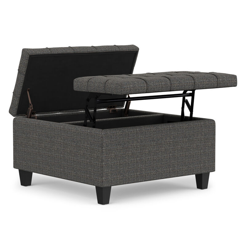 Harrison 30 inch Wide Transitional Square Small Coffee Table Storage Ottoman in Ebony Tweed Polyester, Assembled image number 0