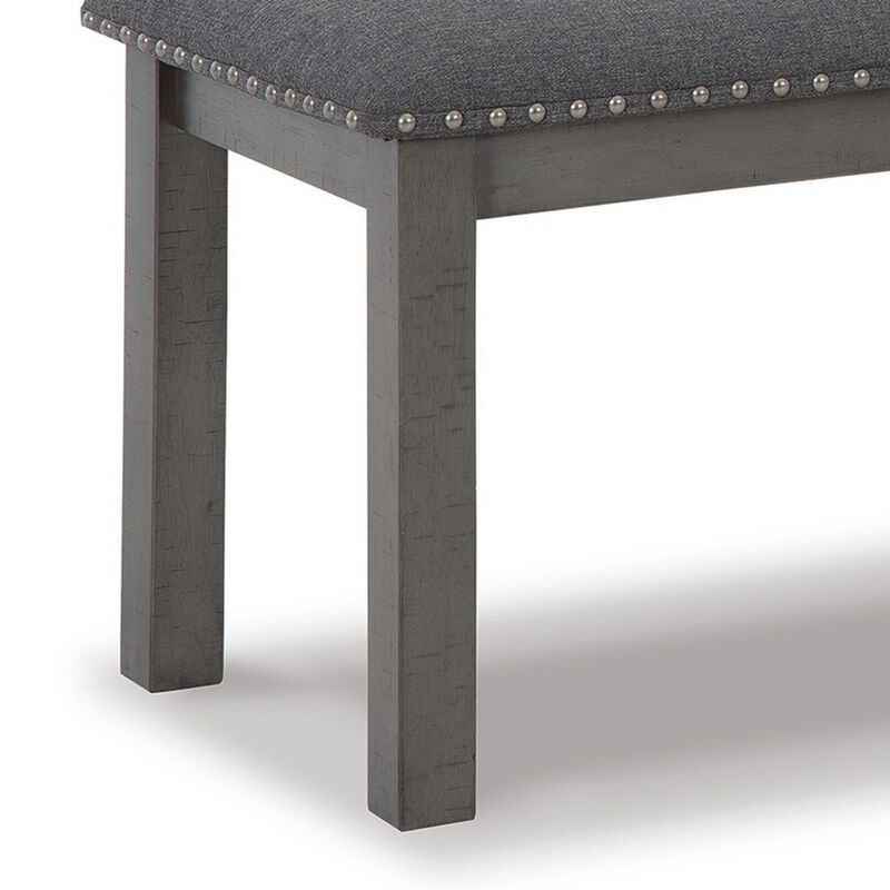 Fia 47 Inch Modern Bench, Antique Gray Wood, Gray Polyester Padded Seat-Benzara