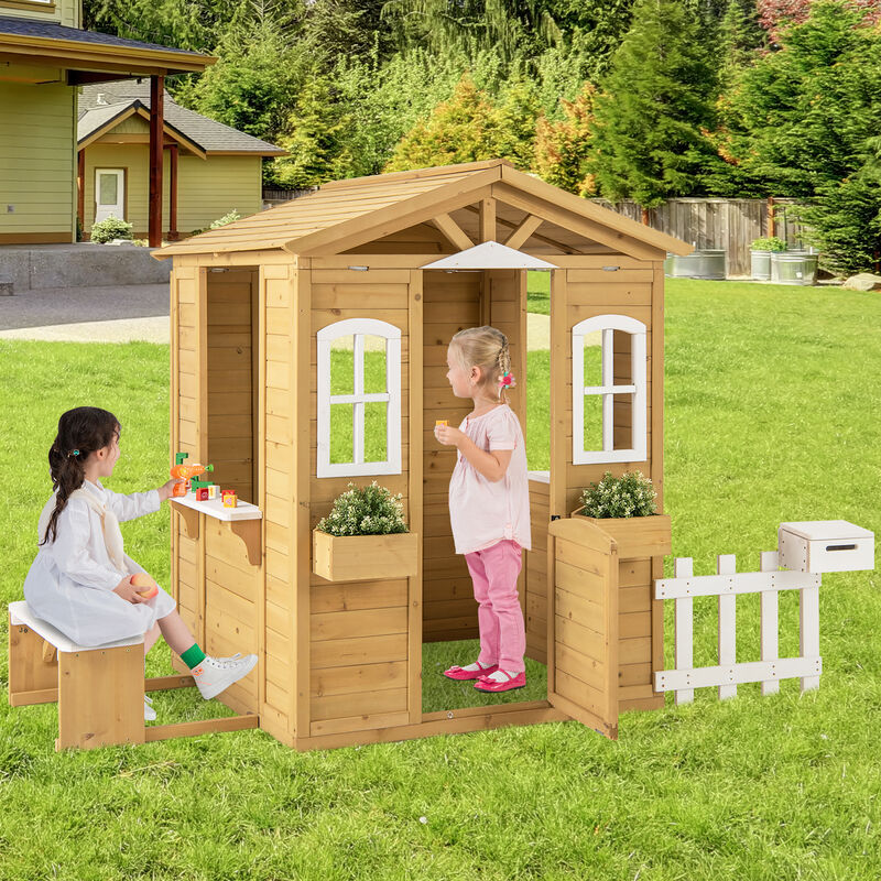 Outdoor Toddler Playhouse with Bench Seat and Service Counters &ndash; Wooden Build, Age 2+