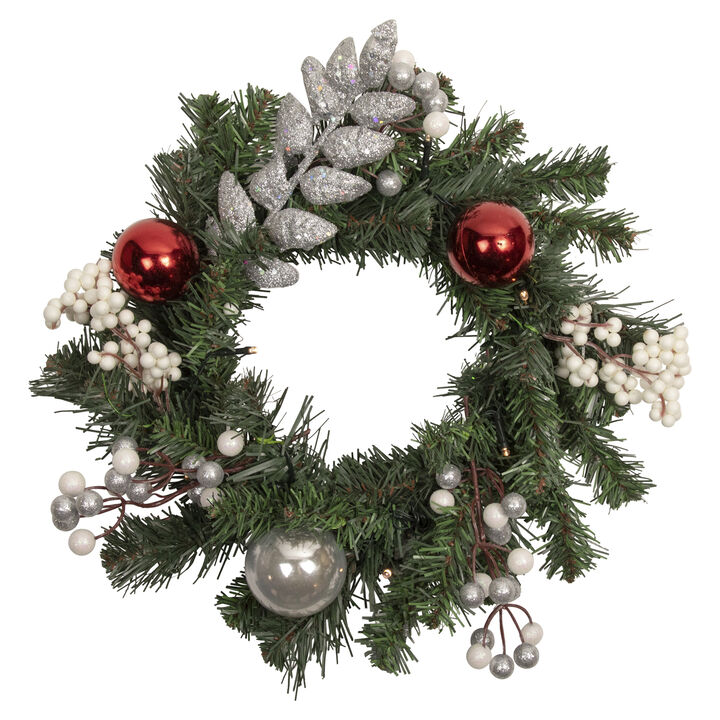 16" Pre-Lit Decorated Green Pine Artificial Christmas Wreath  Warm White LED Lights