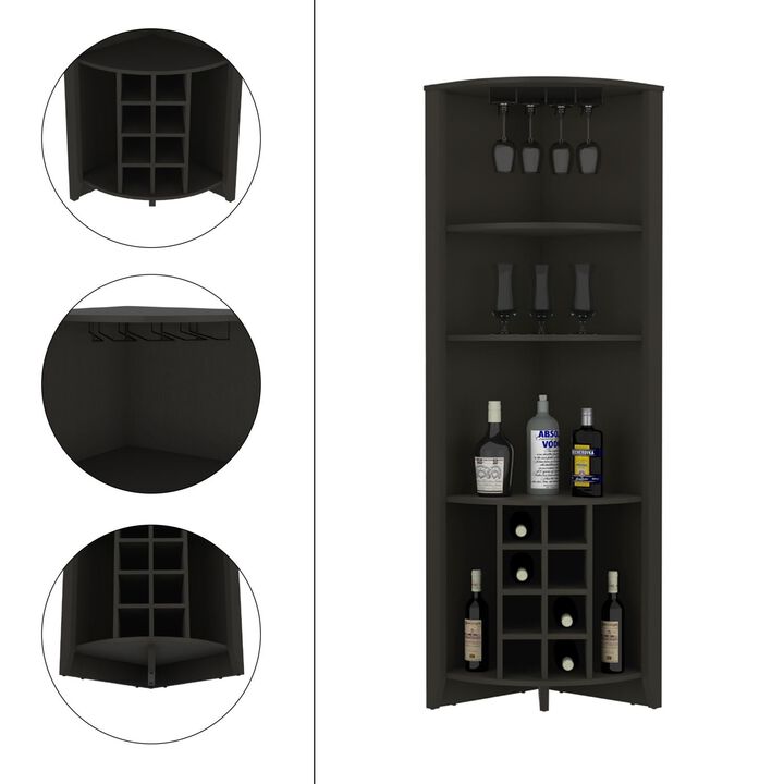 DEPOT E-SHOP Giza Corner Bar Cabinet, Three Shelves, Eight Built-in Wine Rack, Two Side Shelves, Black