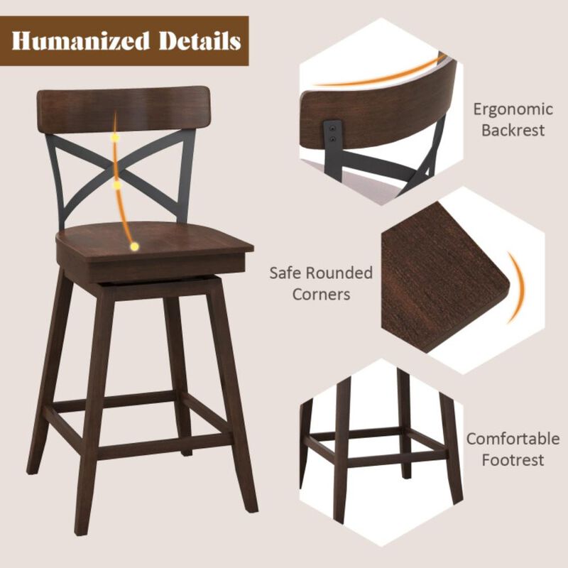 Hivvago Set of 2 Wooden Swivel Bar Stools with Open X Back and Footrest