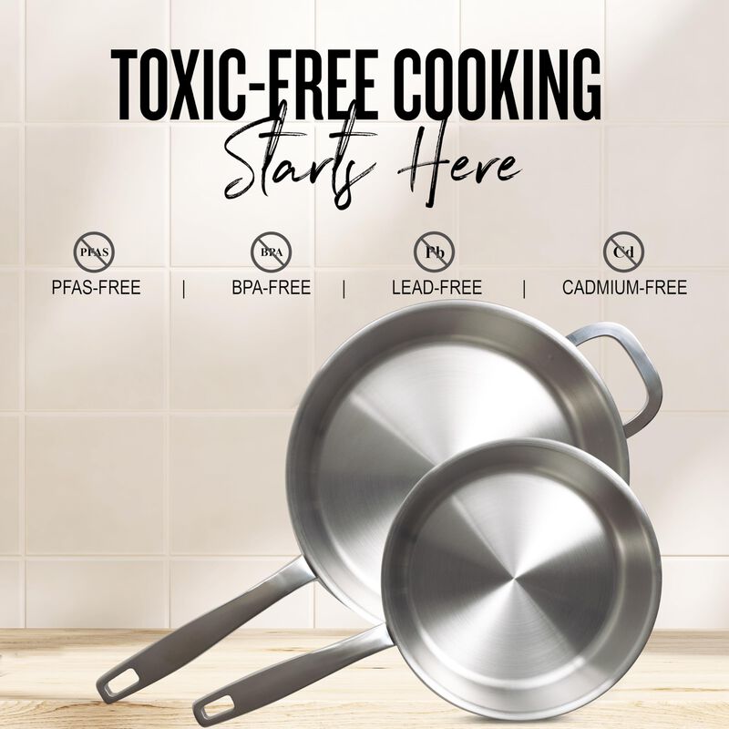 Alva Maestro 3-Piece Professional 5-Ply Stainless Steel Frying Pan Set - Non-Toxic PFAS/PFOA/PTFE-Free Skillets and Cookware - Induction and All Stovetop Compatible - Oven Safe - Stay-Cool Handles