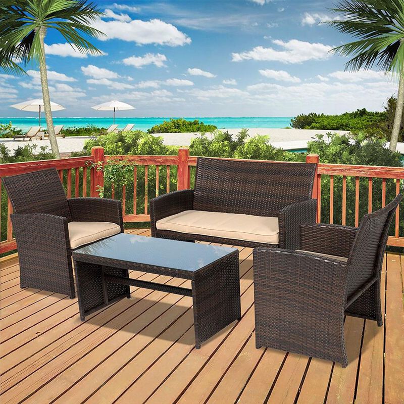 Hivvago Brown Resin Wicker 4-Piece Modern Patio Furniture Set with Beige Cushions