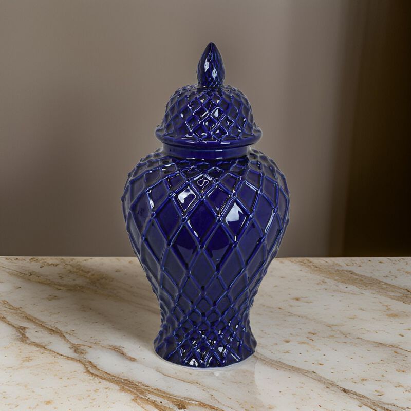 Livie 14 Inch Temple Ginger Jar, Geometric Design, Dome Lid, Ceramic, Blue - Benzara