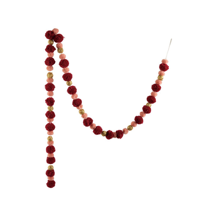 Burgundy & Pink Pom Pom Garland in Gold-Tipped Polyester