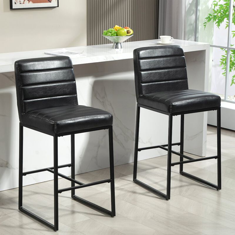 Glamour Home Set of 2 Belisario Black Faux Leather Bar Stool with Black Metal Legs