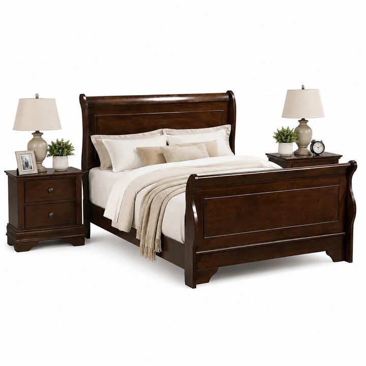 Queen Bedroom Set, Brown Wood, 3 Piece Set with 2 Nightstands