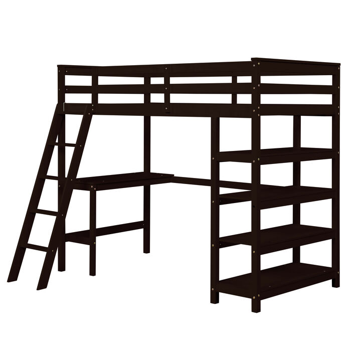 Twin Loft Bed with desk, ladder, shelves, Espresso