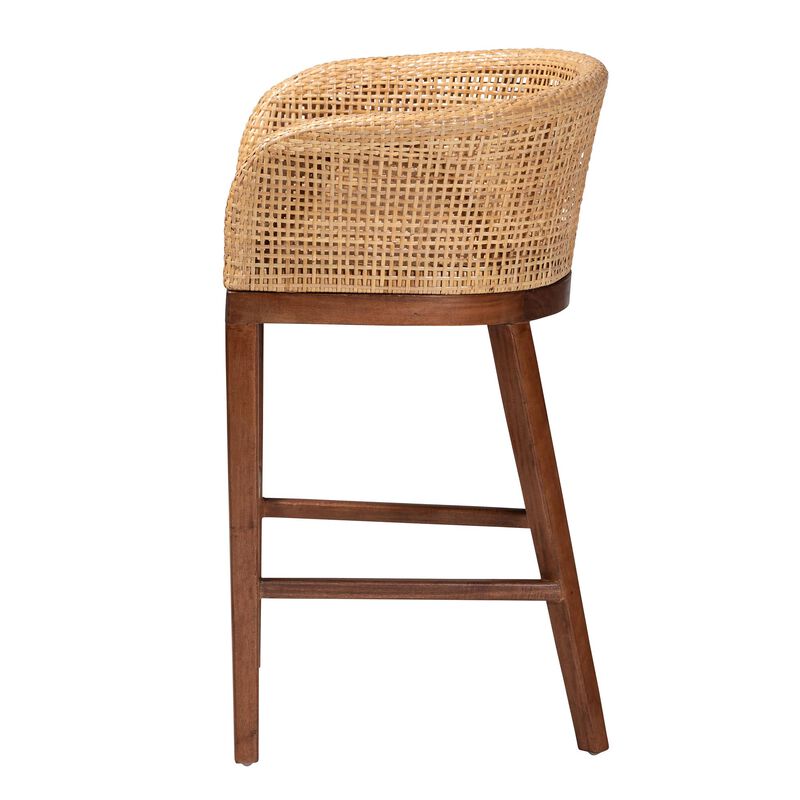 bali & pari Papua Modern Bohemian Natural Rattan and Walnut Brown Acacia Wood Counter Stool