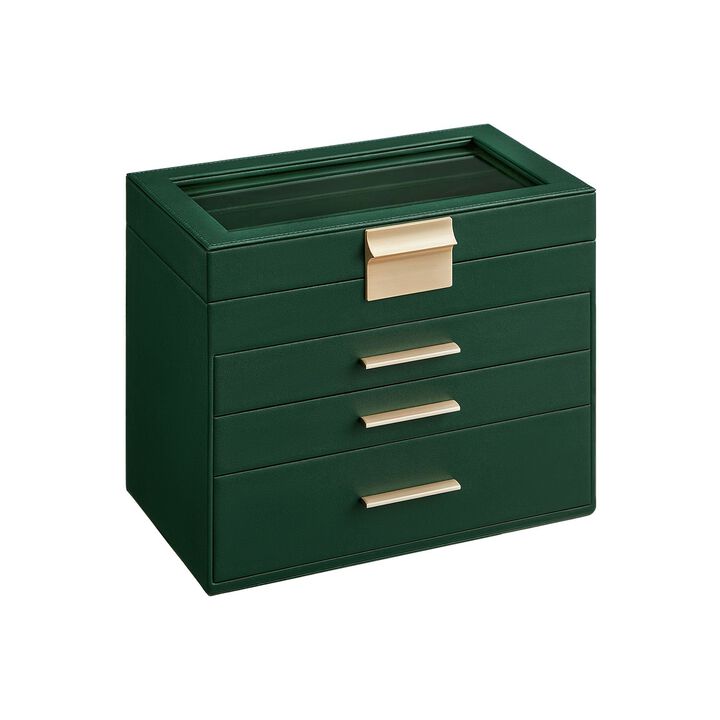4-Tier Jewelry Organizer Box with Glass Lid for Earrings Rings Bracelets and Watches