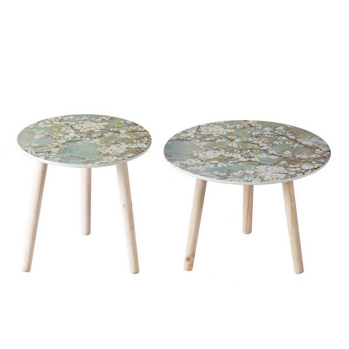 Byle 16, 20 Inch Side Table Set of 2, Floral Design, Cherry Blossom, Blue - Benzara
