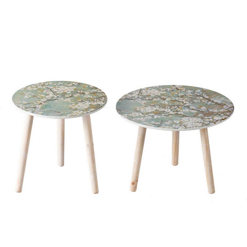 Byle 16, 20 Inch Side Table Set of 2, Floral Design, Cherry Blossom, Blue