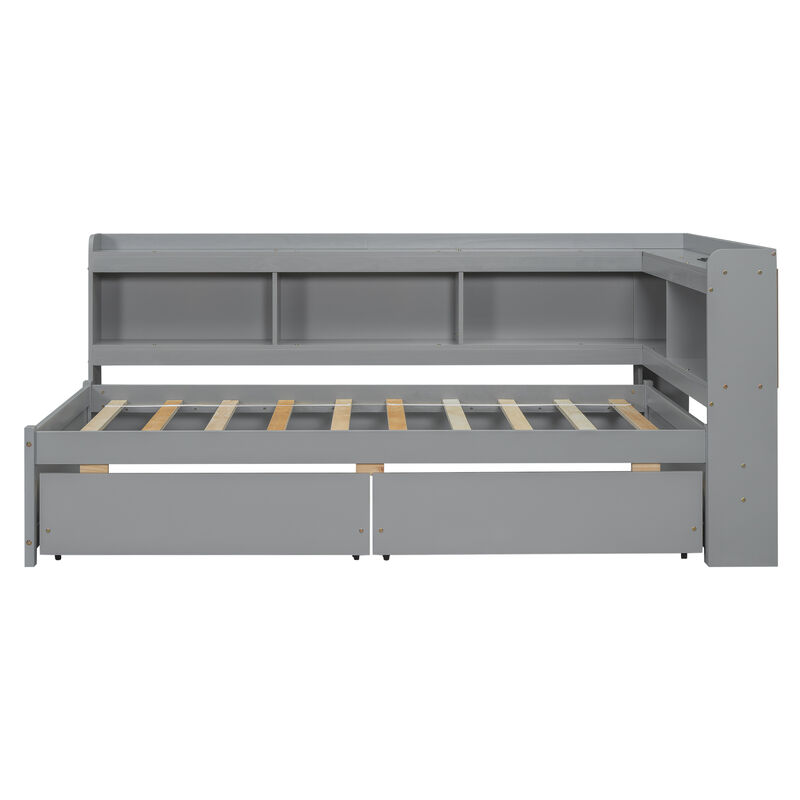 Whisen Twin Size L-shaped Bookcases Bed with Power Outlets, USB Charging Ports,Two Drawers-Grey