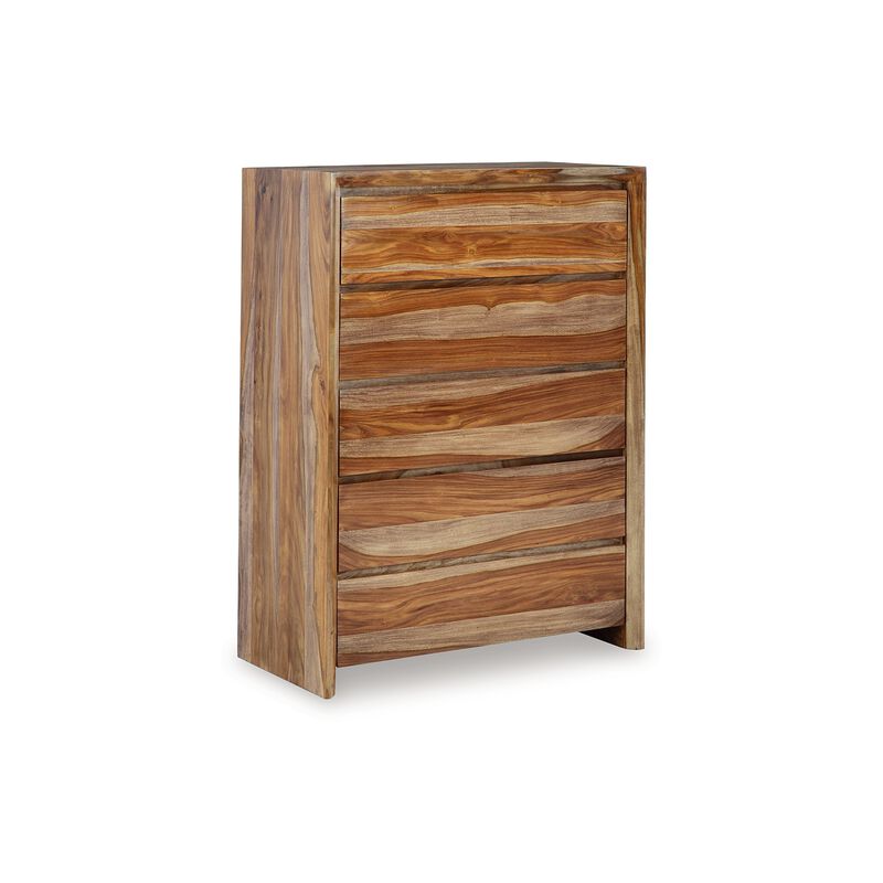 Donni Tall Dresser Chest, 5 Drawer, Brown Sheesham Wood, 51 Inch - Benzara