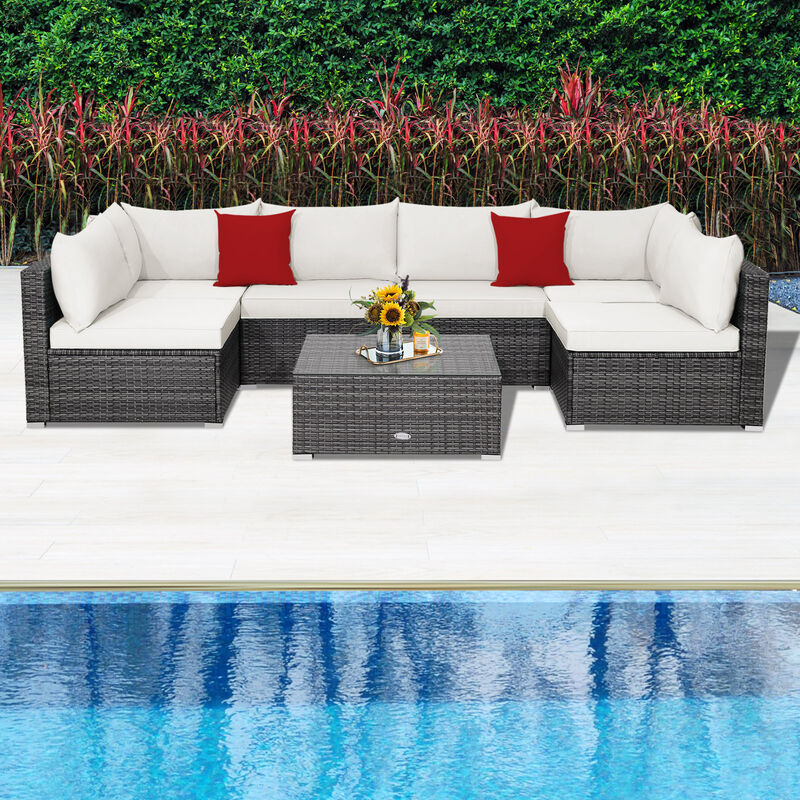 7 Pieces Patio Rattan Furniture Set with Sectional Sofa Cushioned image number 6