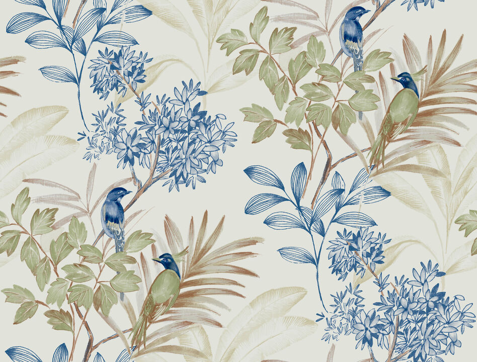 Handpainted Songbird Green & Blue Peel & Stick Wallpaper