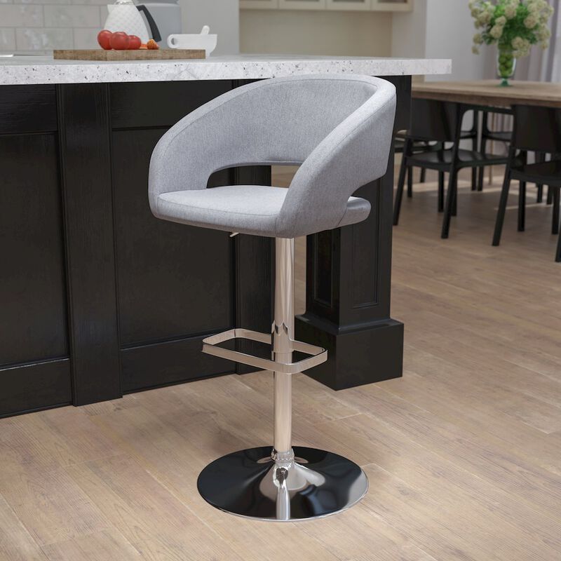 Flash Furniture Gray Fabric Adjustable Height Barstool with Rounded Mid-Back and Chrome Base image number 9
