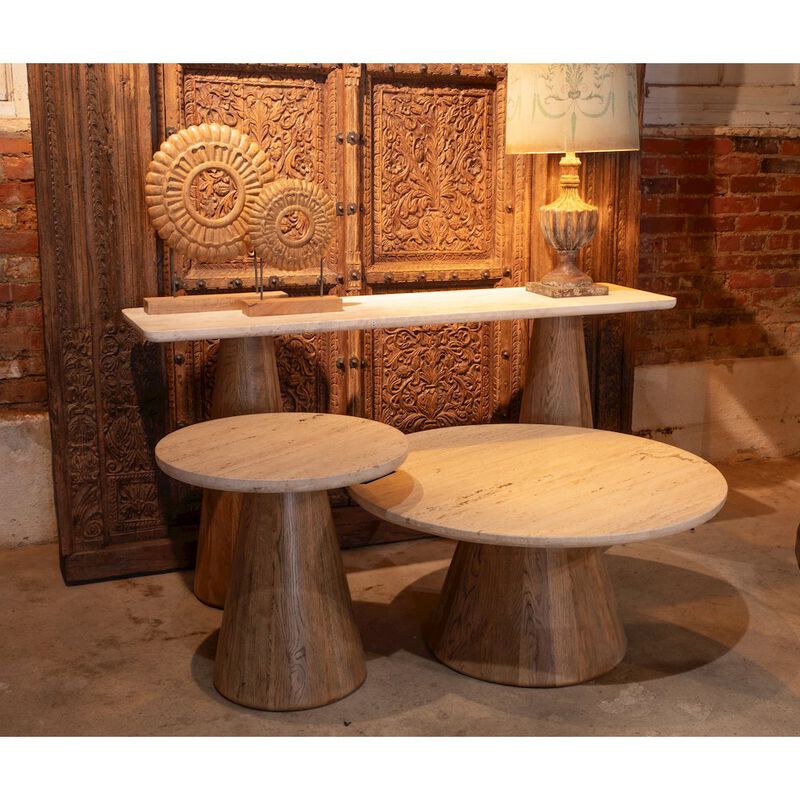 World Interiors Caldera Console Table with White Travertine and Light Oak Base