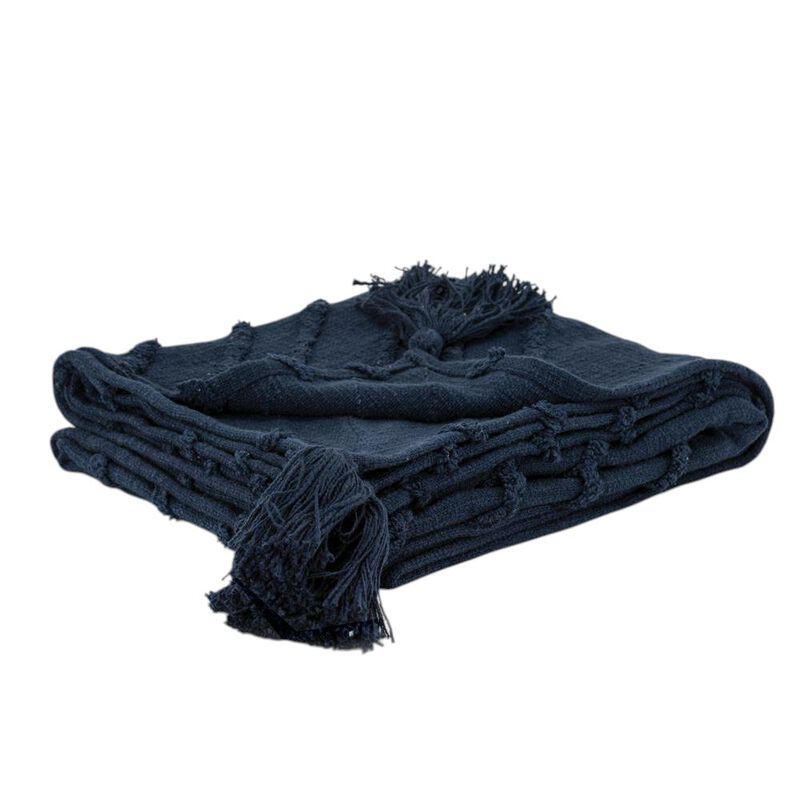 HomeRoots 50" X 60" Blue Cotton Woven Geometric Throw Blanket with Tassels image number 0