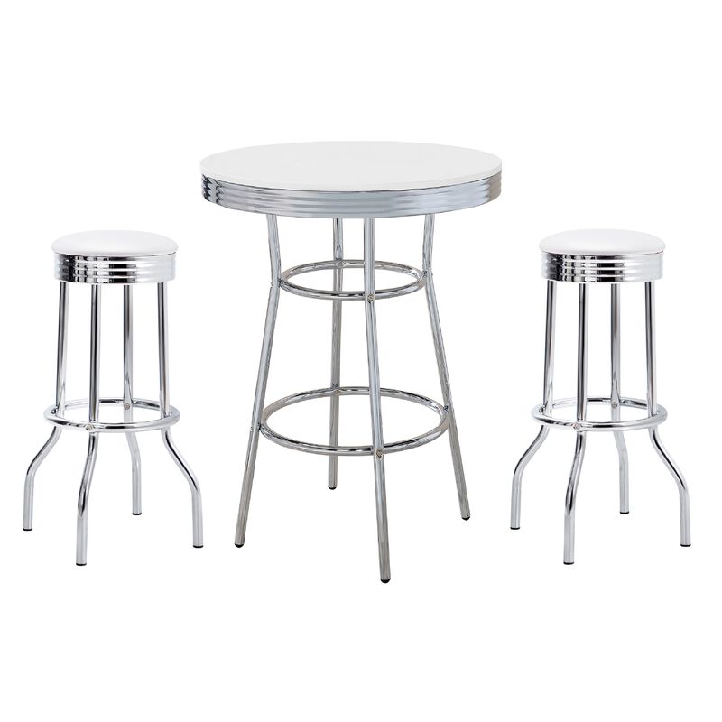 Loy 3 Piece Retro Bar Table Set, Round White Top, 2 Stools, Chrome