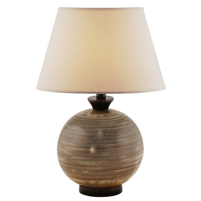 Cleo 26 Inch Table Lamp, Sphere Base, Lines, Chocolate Brown, Fabric Shade  - Benzara image number 1