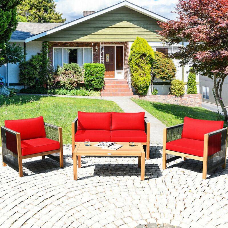 4 Pieces Acacia Wood Outdoor Patio Furniture Set with Cushions