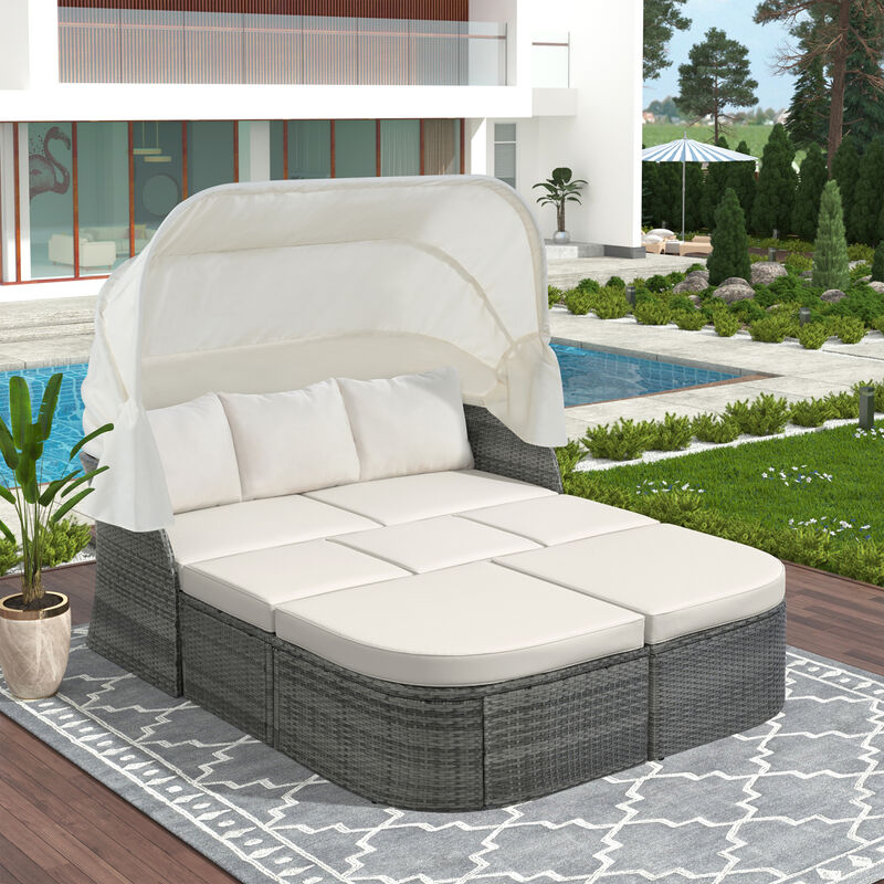 Outdoor Patio Furniture Set Daybed Sunbed with Retractable Canopy Conversation Set Wicker Furniture