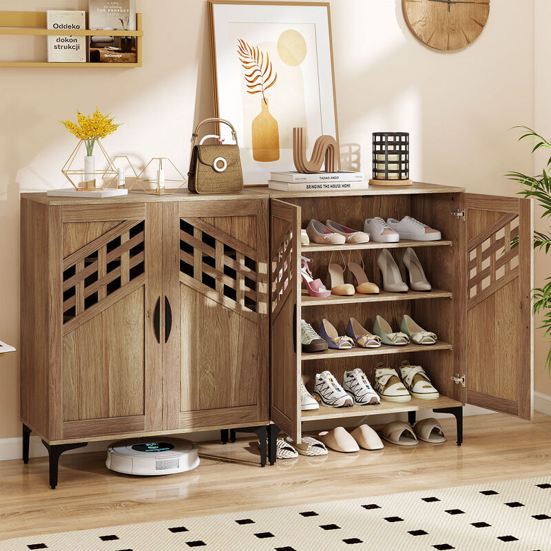 Farmhouse 4-Tier Shoe Storage Cabinet with Metal Legs and Removable Shelves - Walnut & White image number 6
