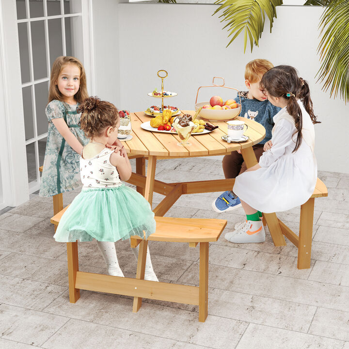 Kids Outdoor Wooden Picnic Table and Bench Set with Umbrella Hole