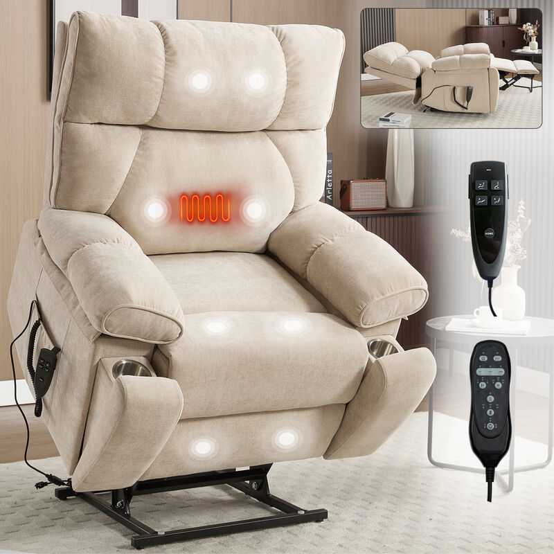 Clihome Heat Massage Dual Motor Infinite Position Up to 350 LBS Large Electric Power Lift Recliners with Hidden Cup Holders, Power-Remote, Medium-firm and Heavy Duty