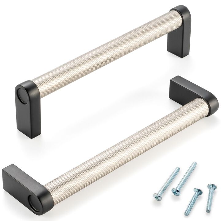 ASKANO Nickel and Black Cabinet Pulls, 5 Inch Hole Centers, Knurled Bar Kitchen Cabinet Handles AP1311 | Pack of 5, Solid Hardwa