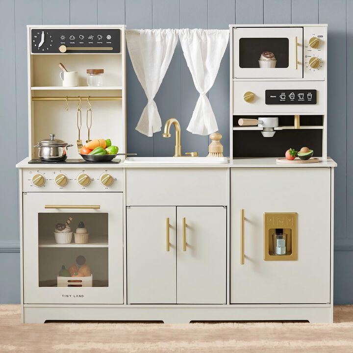 Play Kitchen for Kids - Interactive Wooden Kitchen with Running Water - Iconic Aqua Kitchen in Cream, Pretend Play Toy