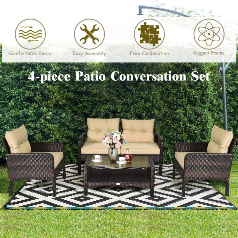 Hivvago 4 Pieces Patio Rattan Sofa Set Free-Combination with Cushion and Coffee Table
