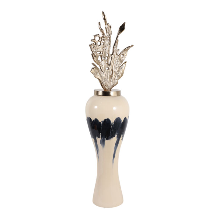Metal Vase W/ Leaf Like Lid