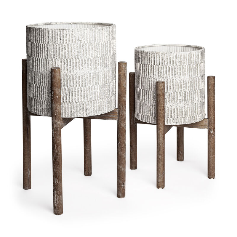 HomeRoots Set of Two Cream And Brown Ceramic And Wood Round Elevated Planters image number 0